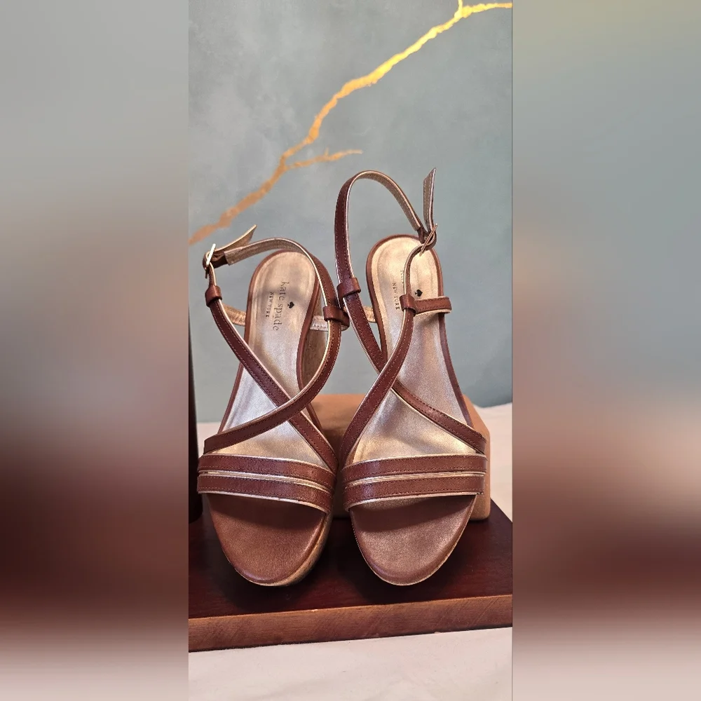 kate spade Brown Leather Strappy Platform Sandals With Cork Wedge Heels 7.5